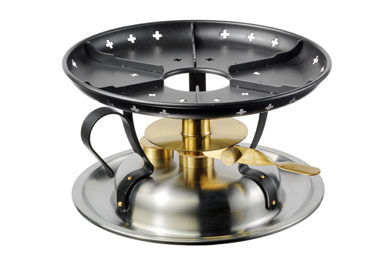 Classic fondue rechaud with wick burner; brushed stainless steel